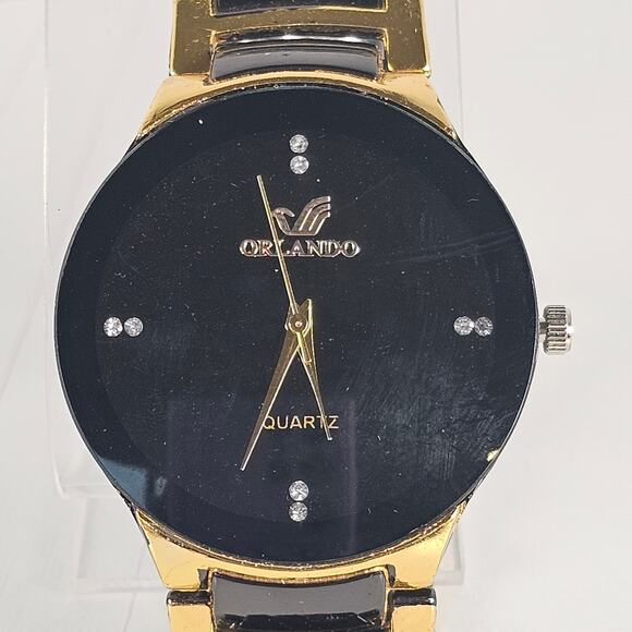 Orlando Black Gold Tone Quartz Analog Watch with Link Band 7.25" Wrist - Picture 5 of 16